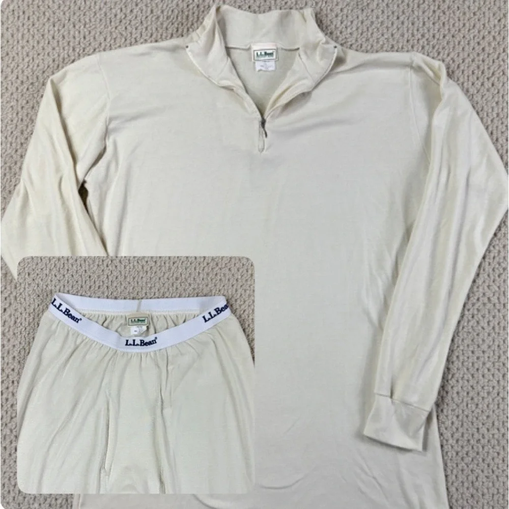 Vtg LL Bean Thermal Long Johns Set Mens L/XL Mock Top Bottoms Base Layer EUC USA